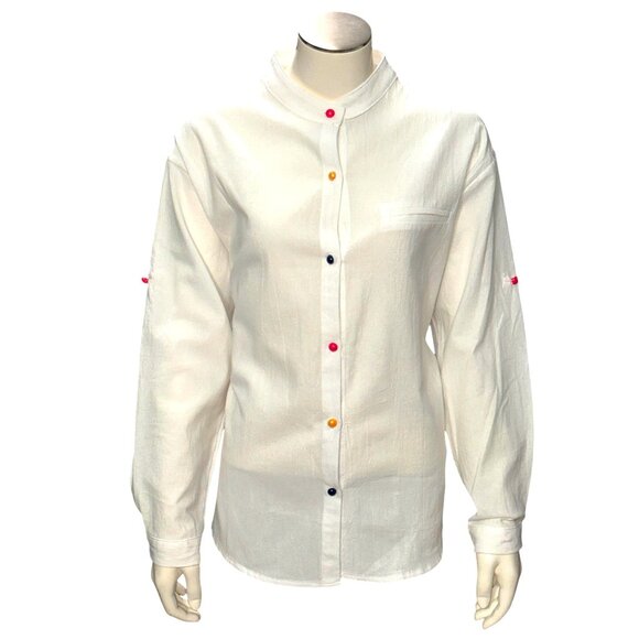CCC Oversized White Button Up Shirt Colorful Buttons High Low Hem Casual Wear 3X - Picture 1 of 6